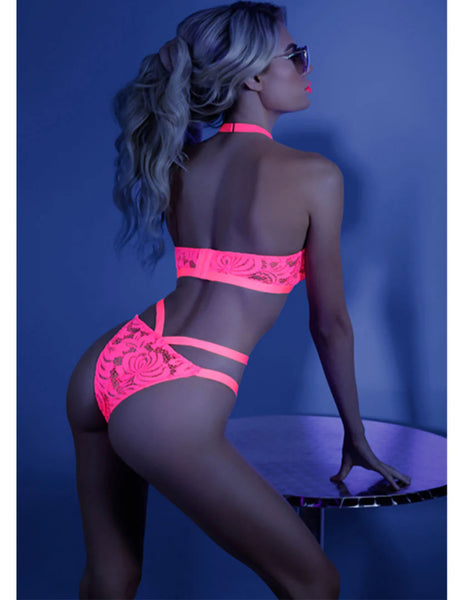 GLOW by Fantasy Lingerie Lights off strappy bra and panty NEON pink