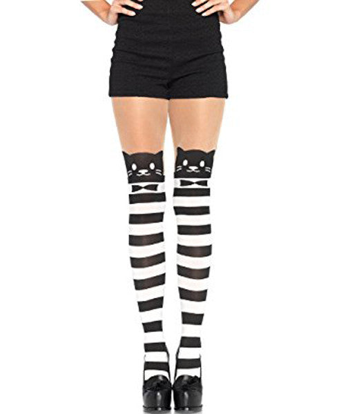 Fancy Cat Striped Opaque Pantyhose