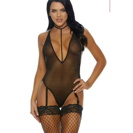 FORPLAY BLACK LOW CUT STRAPPY CHOKER LINGERIE TEDDY