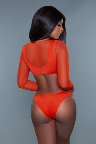 Be Wicked long sleeve mesh 2 piece Golden Hour cheeky swim suit
