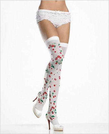 Opaque Cherry Print Thigh Highs