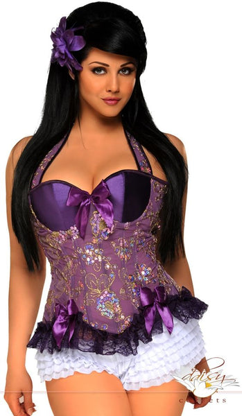 Purple Sequin Embroidered Underwire Halter Corset