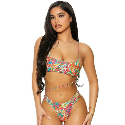 FORPLAY Cut Out One Piece Strappy Swimsuit High Leg Thong Monokini Kaleidoscope