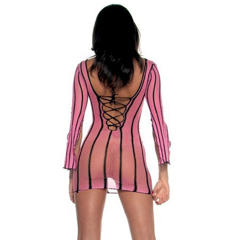 Striped Long Sleeve Fishnet Mini Dress