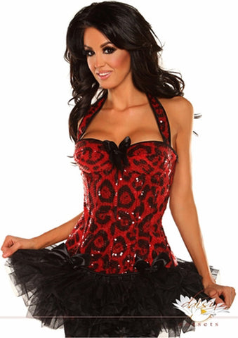 Leopard Sequin Halter Top Corset