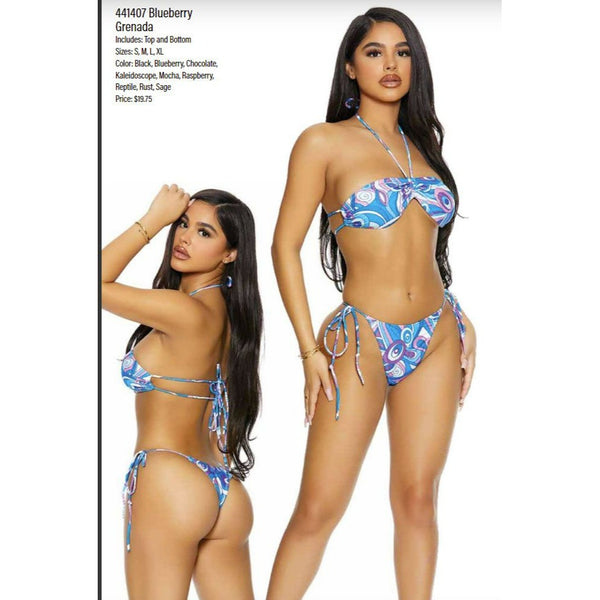 FORPLAY String Bikini Set Strappy Halter Top Gathered Cups Thong Bottoms Blue 441407