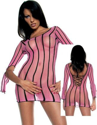 Striped Long Sleeve Fishnet Mini Dress